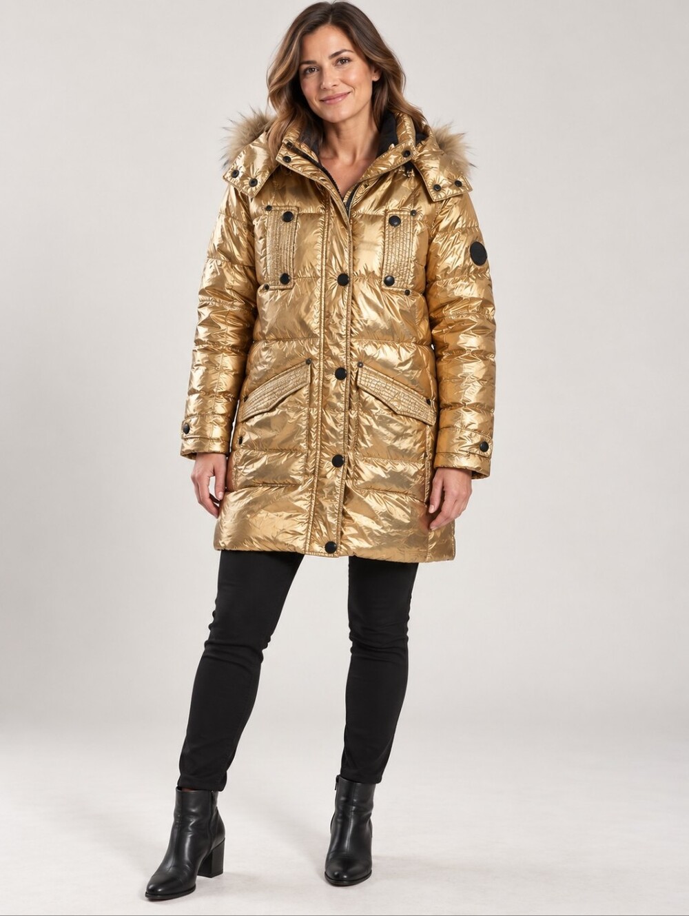 Metallic Gold Quilted Puffer Jacket with Hood